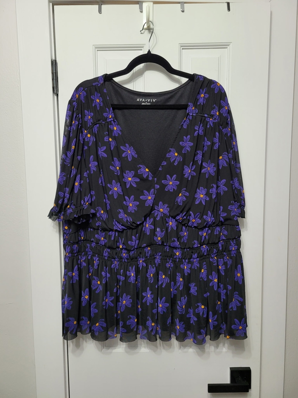 Ava & Viv Black Wrap Peplum Tunic with Purple Floral Print